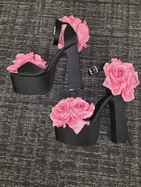 Sugar Thrillz Black Platform Heels with Pink Floral Details - Women
